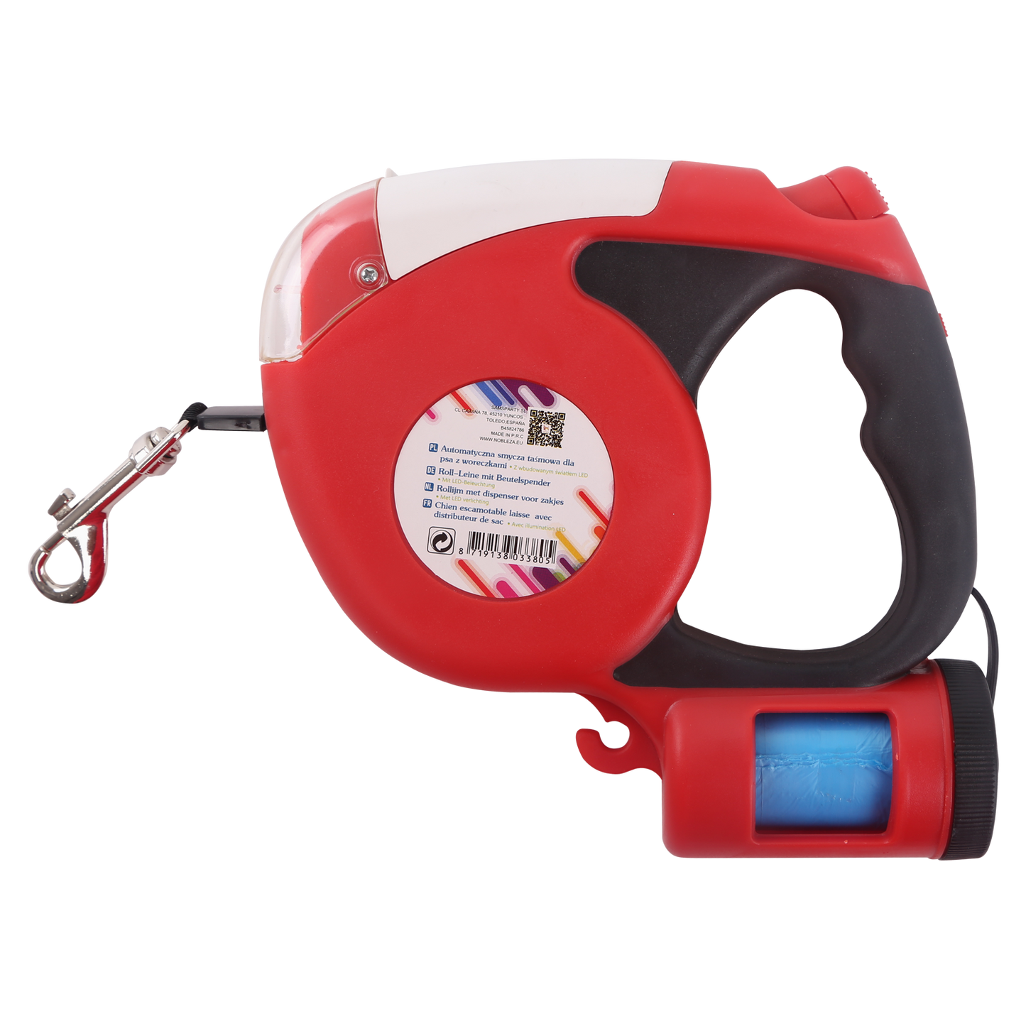 Laisse rétractable multifonction avec LED et rangement de sac